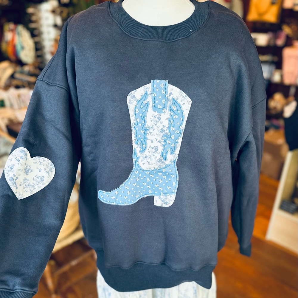 Navy Western Cowgirl Boot Heart Patchwork Sweatshirt